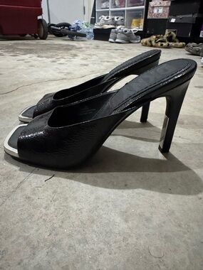 DKNY Black Patent Open-Toe High Heel Mules